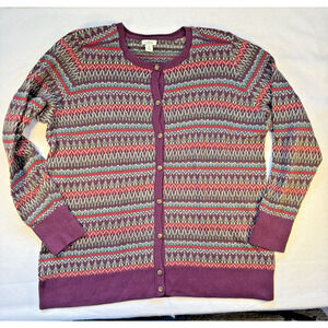 LL Bean cardigan sweater womens XL fair isle cotton cashmere purple blue red EUC